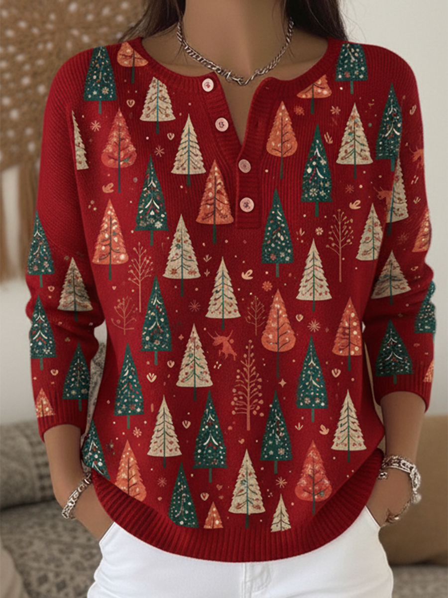 Women's Artistic Cedar Print Henley Neck Sweater Top