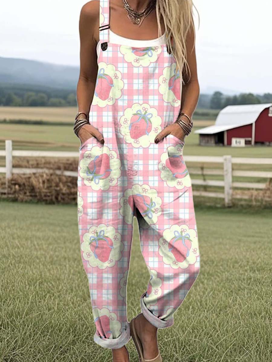 Women's Lovely Strawberry Art Print Casual 100% Cotton Wide Leg Jumpsuit