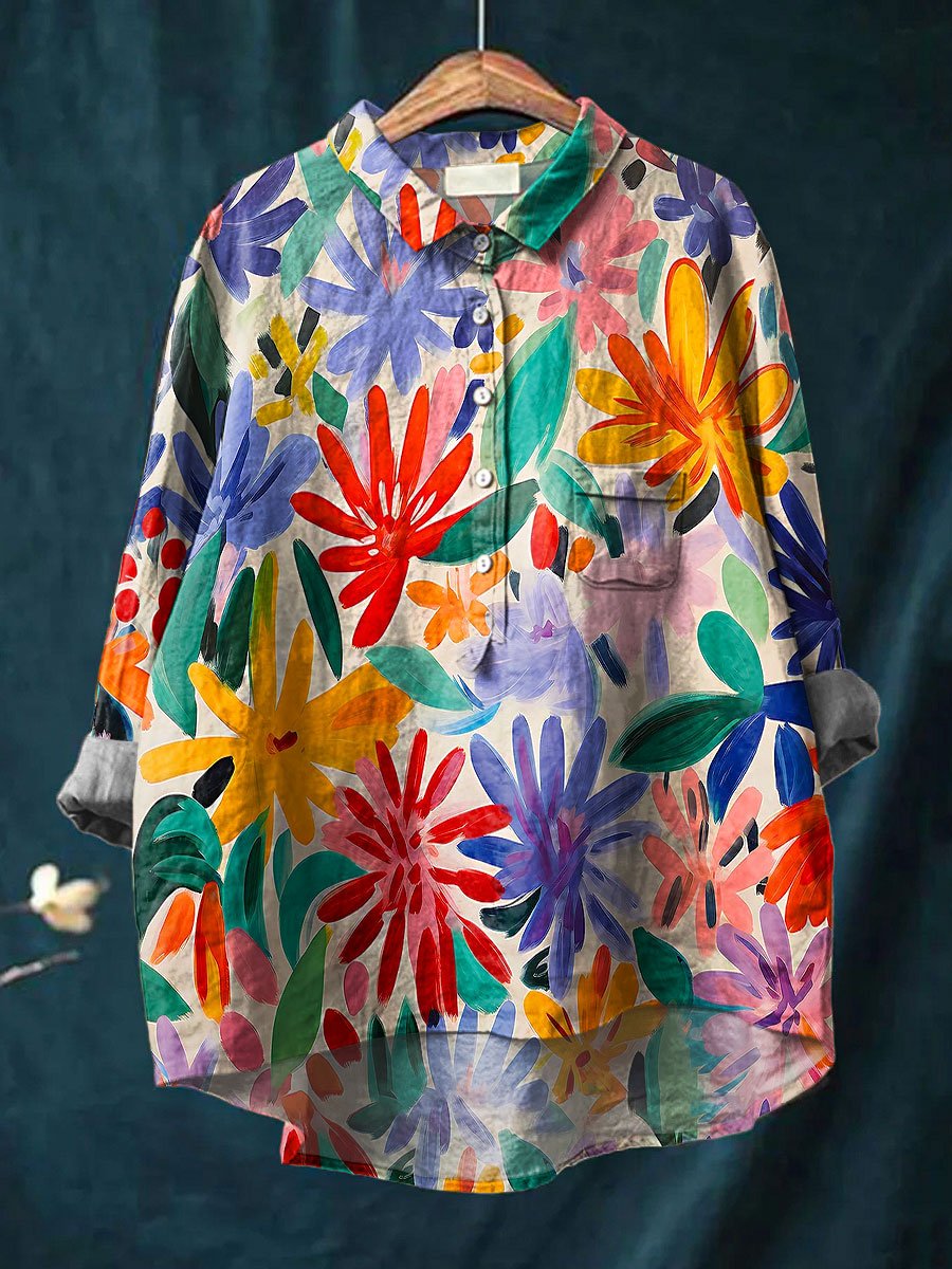 Women's Vintage Floral Art Print Casual Cotton And Linen Shirt