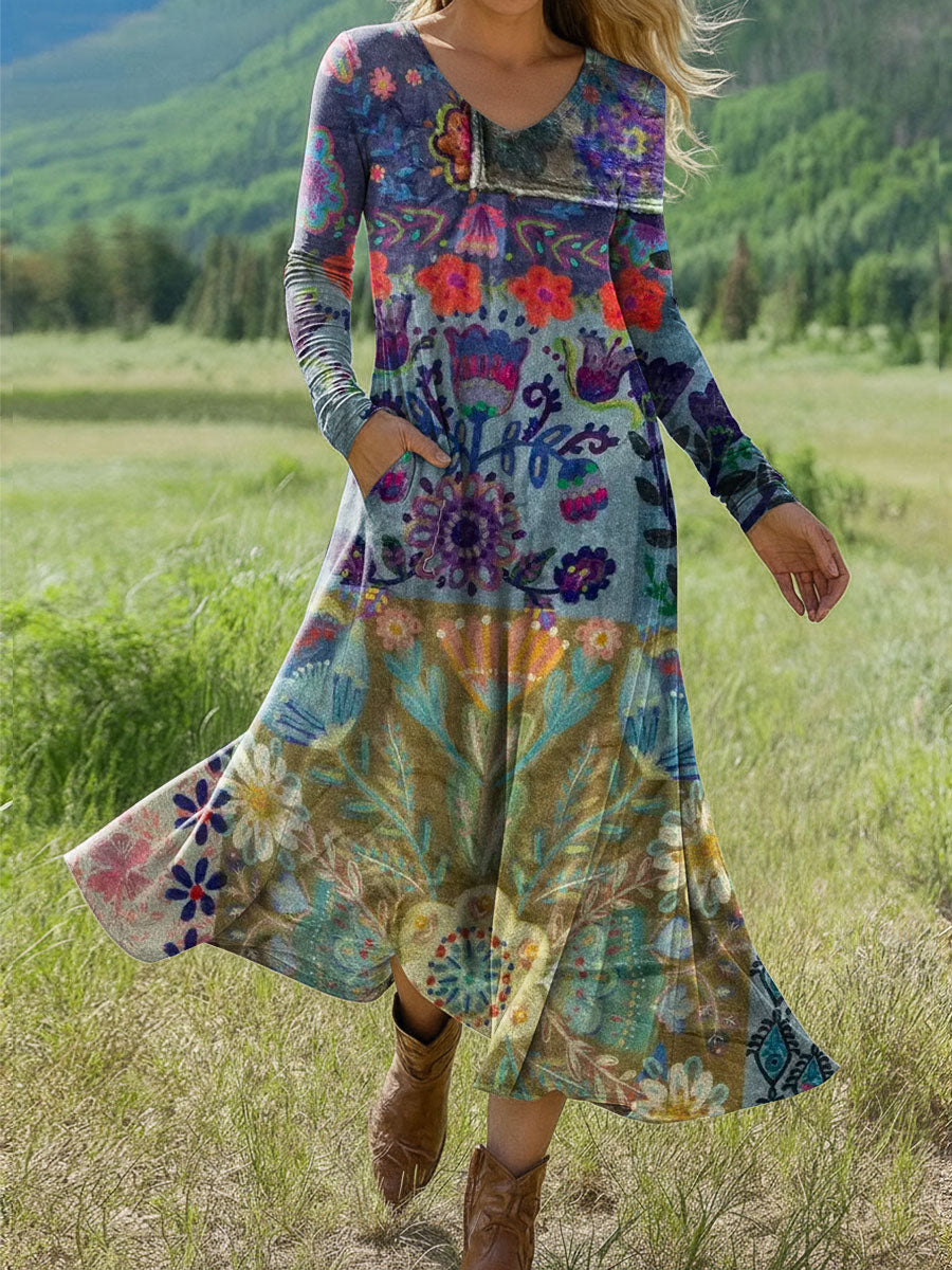 Women's Boho Floral Print Art Print Long-sleeved Dress