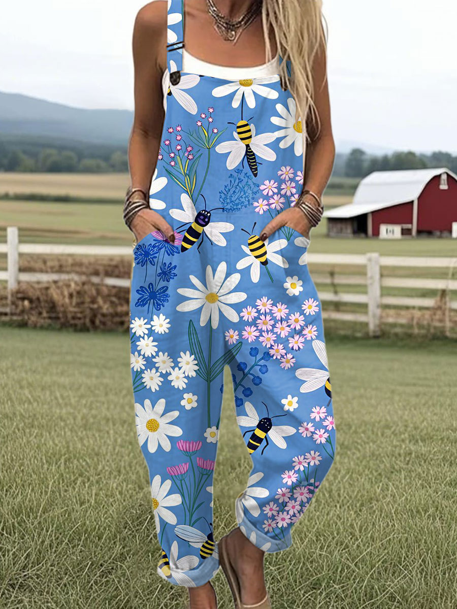 Women's  Bee Art Print Casual 100% Cotton Wide Leg Jumpsuit