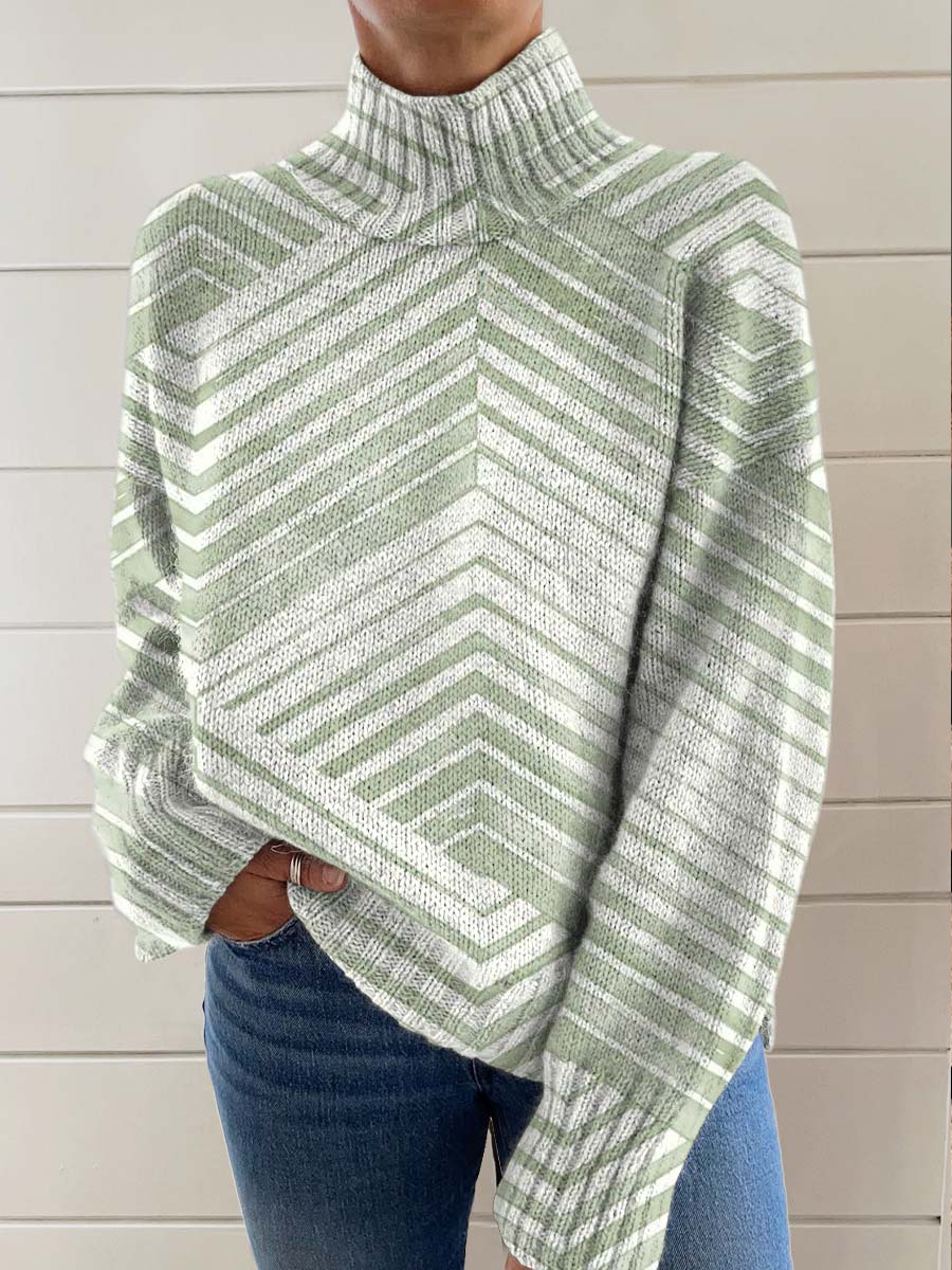 womens-green-art-abstract-lines-print-knit-turtleneck-pullover-sweater