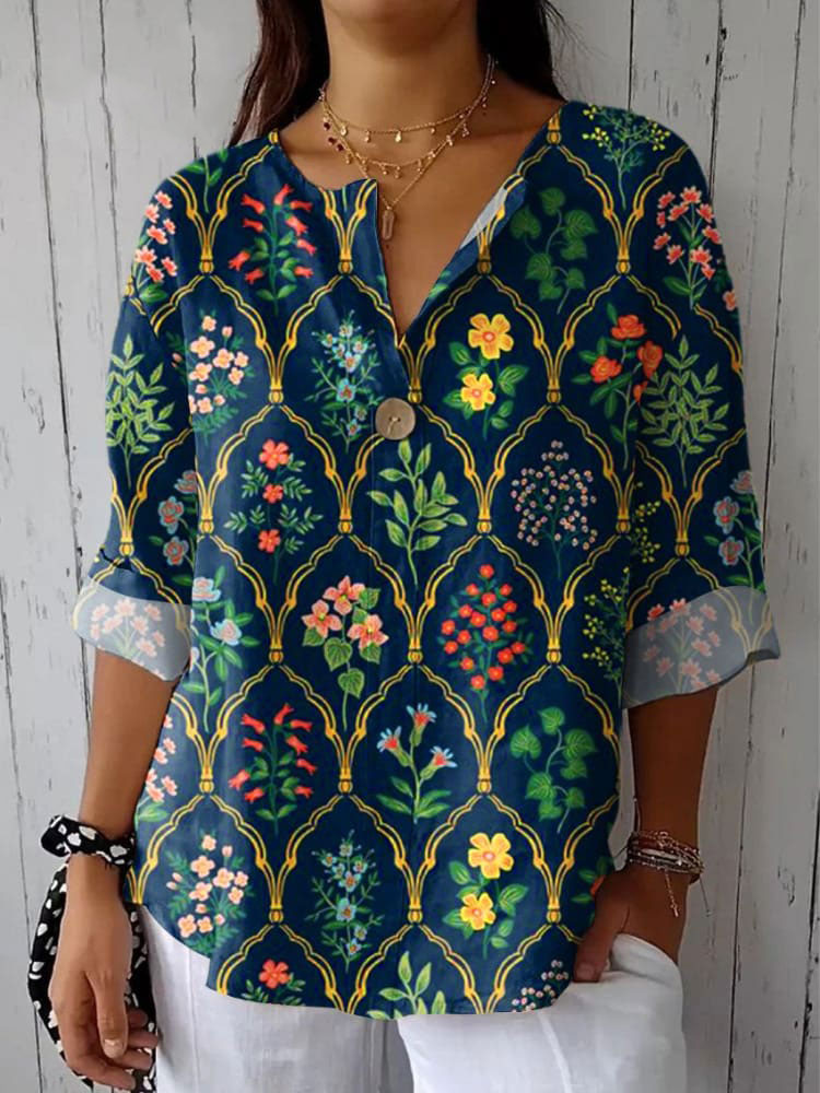 Women's Retro Floral  Art Print Casual Cotton Linen Shirt