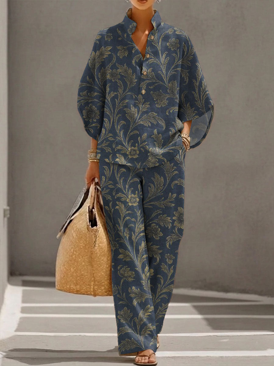 Women's Floral Print Casual Cotton-linen Two-piece Set
