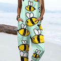Women's Fashion Bee Art Print Casual 100% Cotton Wide Leg Jumpsuit
