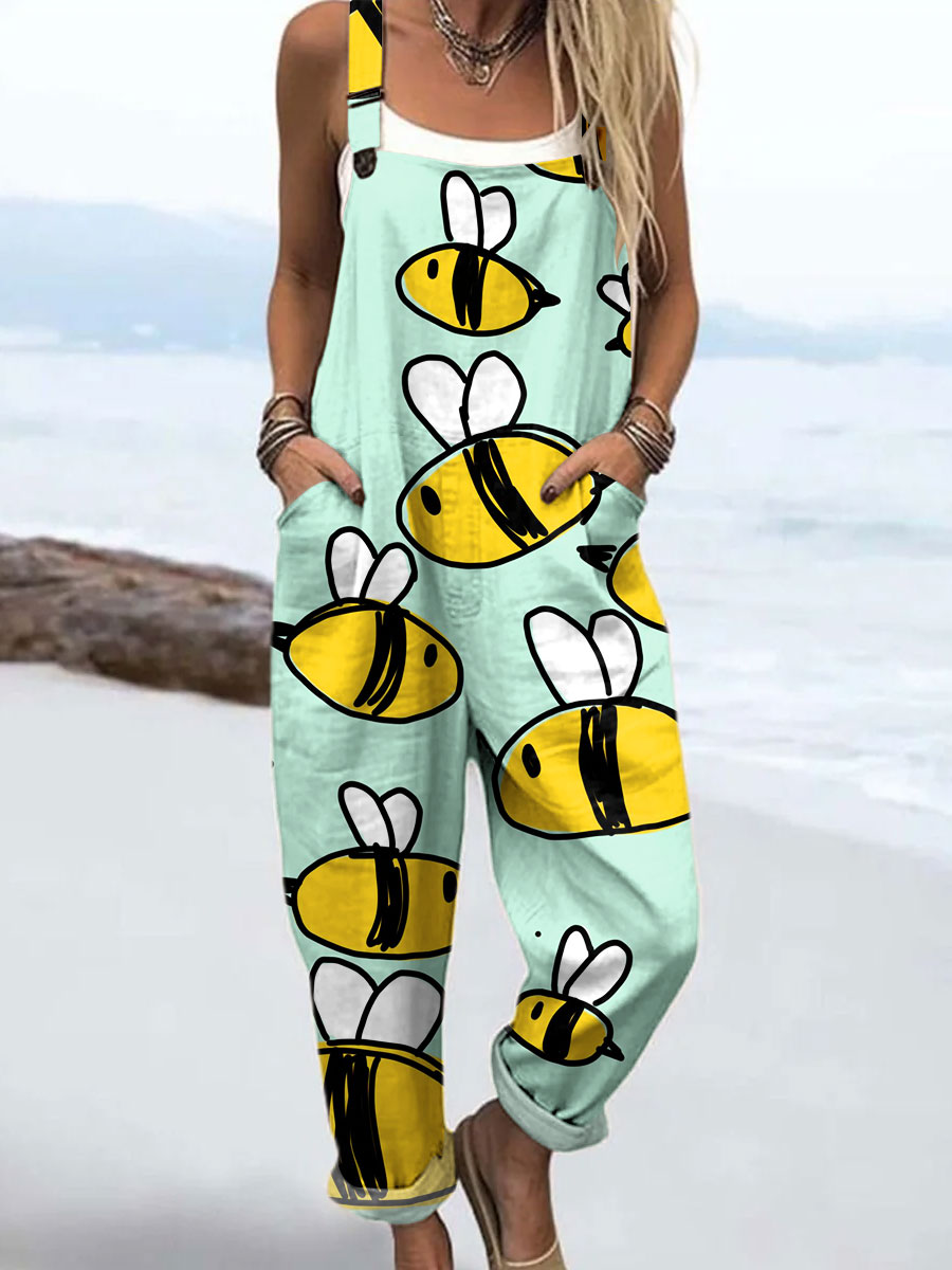 Women's Fashion Bee Art Print Casual 100% Cotton Wide Leg Jumpsuit