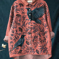 Chemise à volants vintage pour femme, en coton et lin, à imprimé floral corbeau. 
