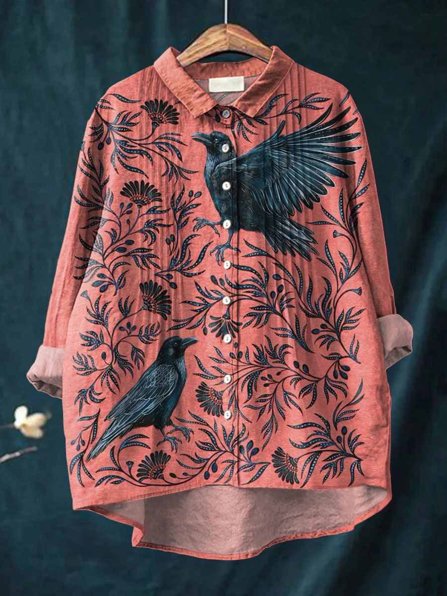 Women's Vintage Floral Raven Pattern Art Print Casual Cotton And Linen Ruffle Shirt