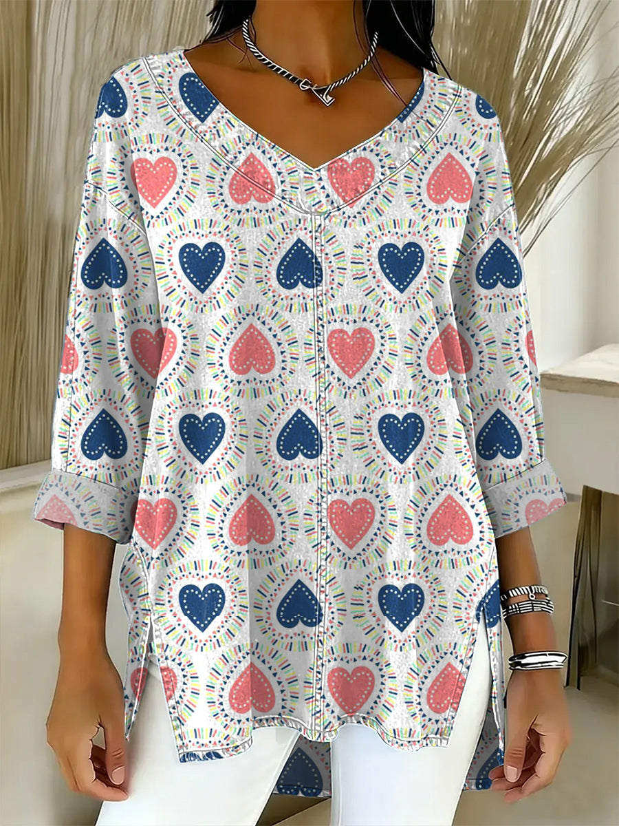 Women's Valentine's Day Heart-shaped Art Print Casual Washed Denim Cotton Top