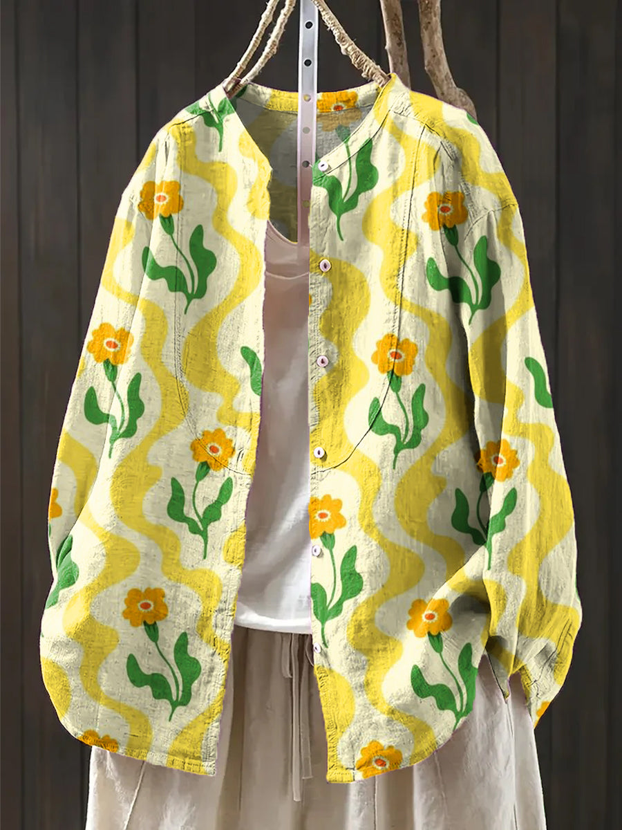 Women's Cute Floral Painting Art Print Casual Cotton And Linen Shirt