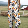 Women's Lovely Chicken Art Print Casual 100% Cotton Wide Leg Jumpsuit