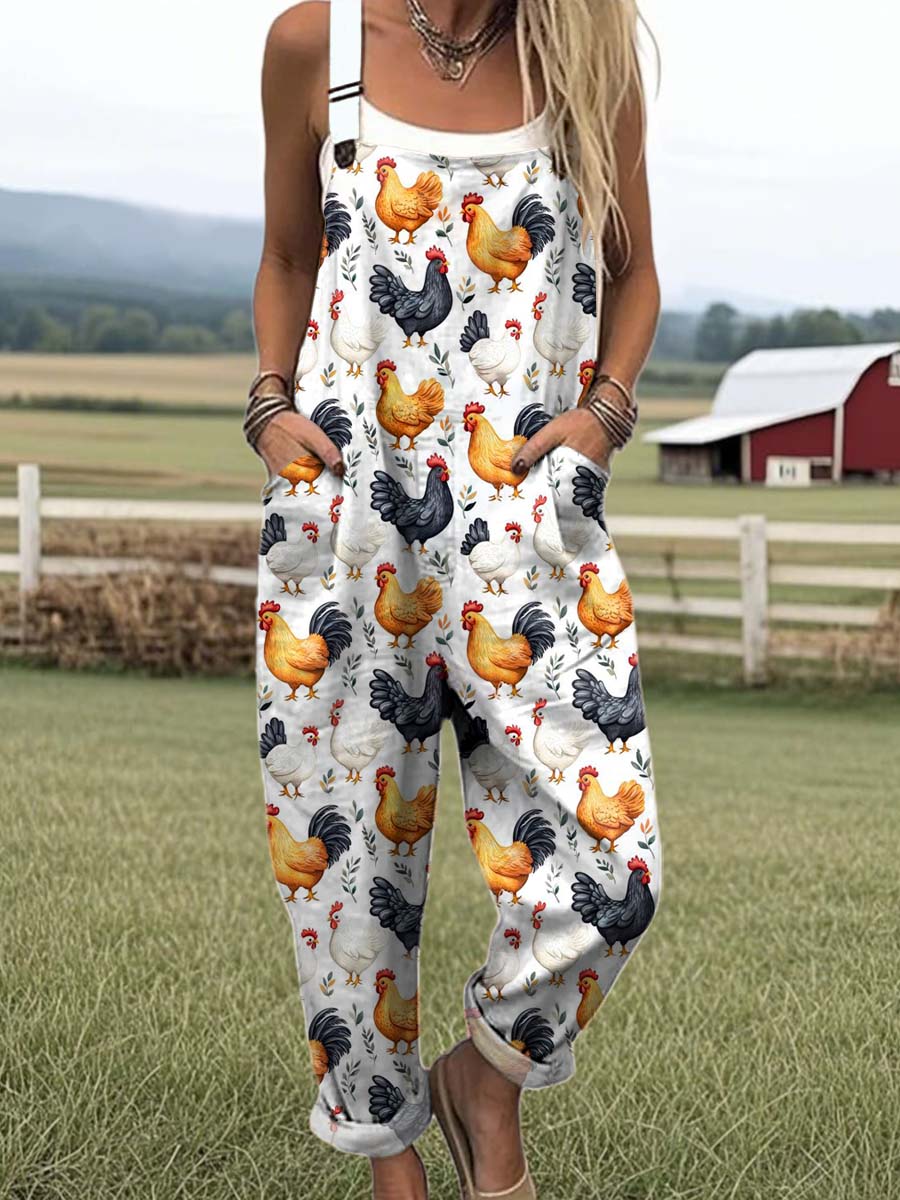 Women's Lovely Chicken Art Print Casual 100% Cotton Wide Leg Jumpsuit