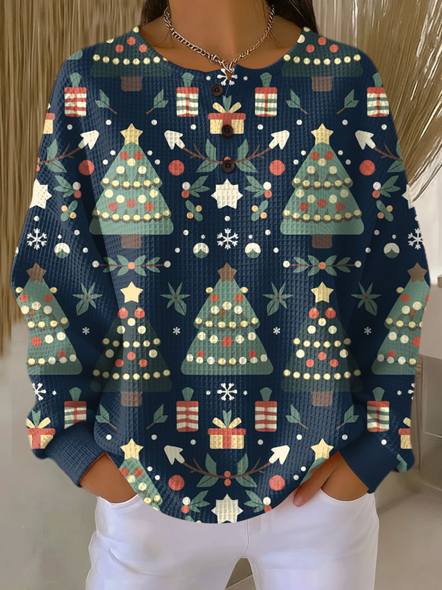 Women's Christmas Tree Pattern Art Print Casual Waffle Henry Collar Sweatshirt