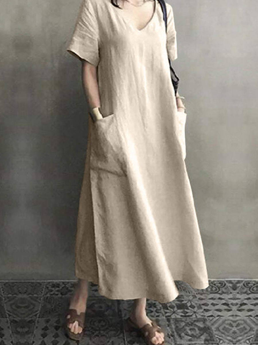 Women's Solid Color V-Neck Short Sleeve Casual Pocket Cotton and Linen Dress