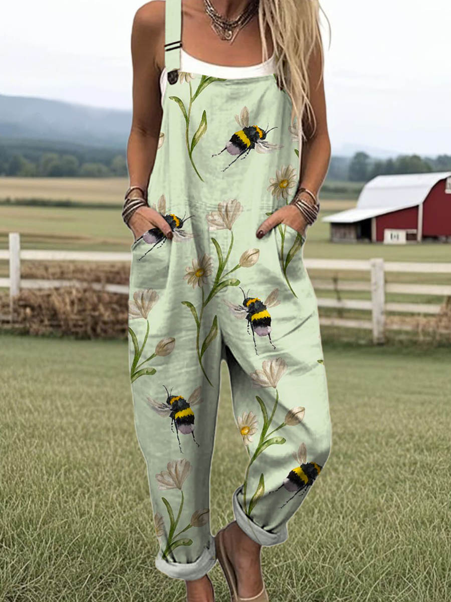 Women's Lovely Bees Floral Art Print Casual 100% Cotton Wide Leg Jumpsuit