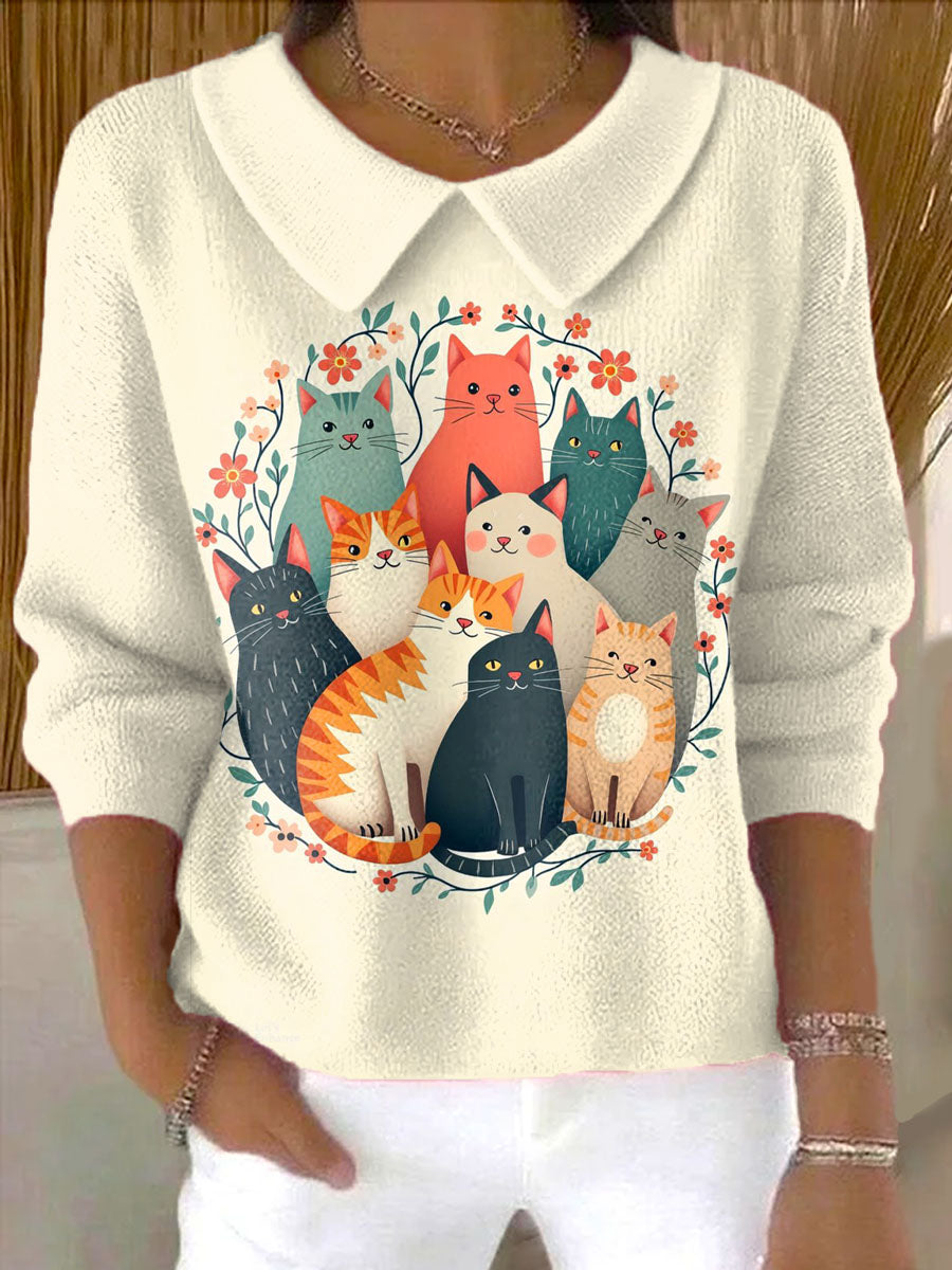 womens-lovely-cats-art-print-casual-peter-pan-collar-3-4-sleeve-sweater-3euv