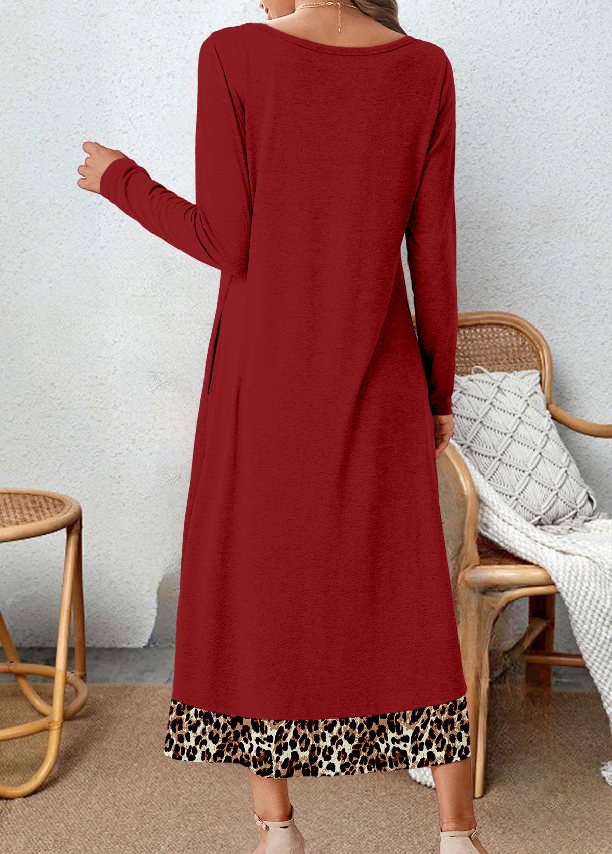 Wine Red Button Leopard A Line Dress