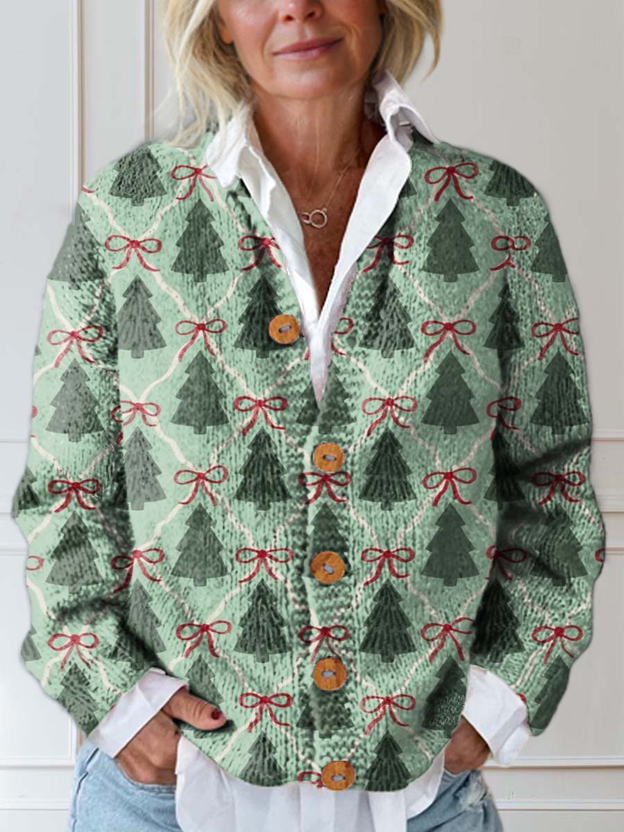 Women's Christmas Tree Art Print Buttoned Cardigan Sweater