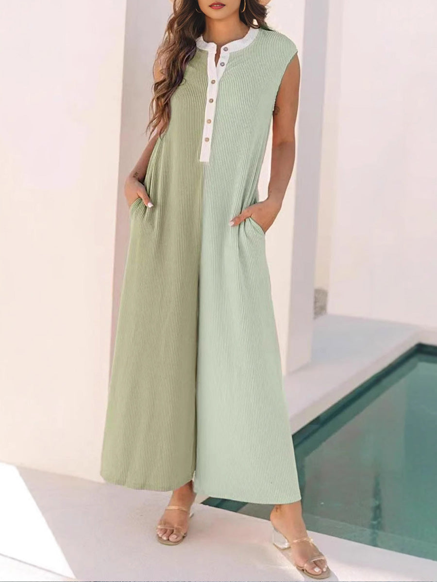 Women's V-neck Sleeveless Contrast Color Stitching Casual Wide-leg Jumpsuit