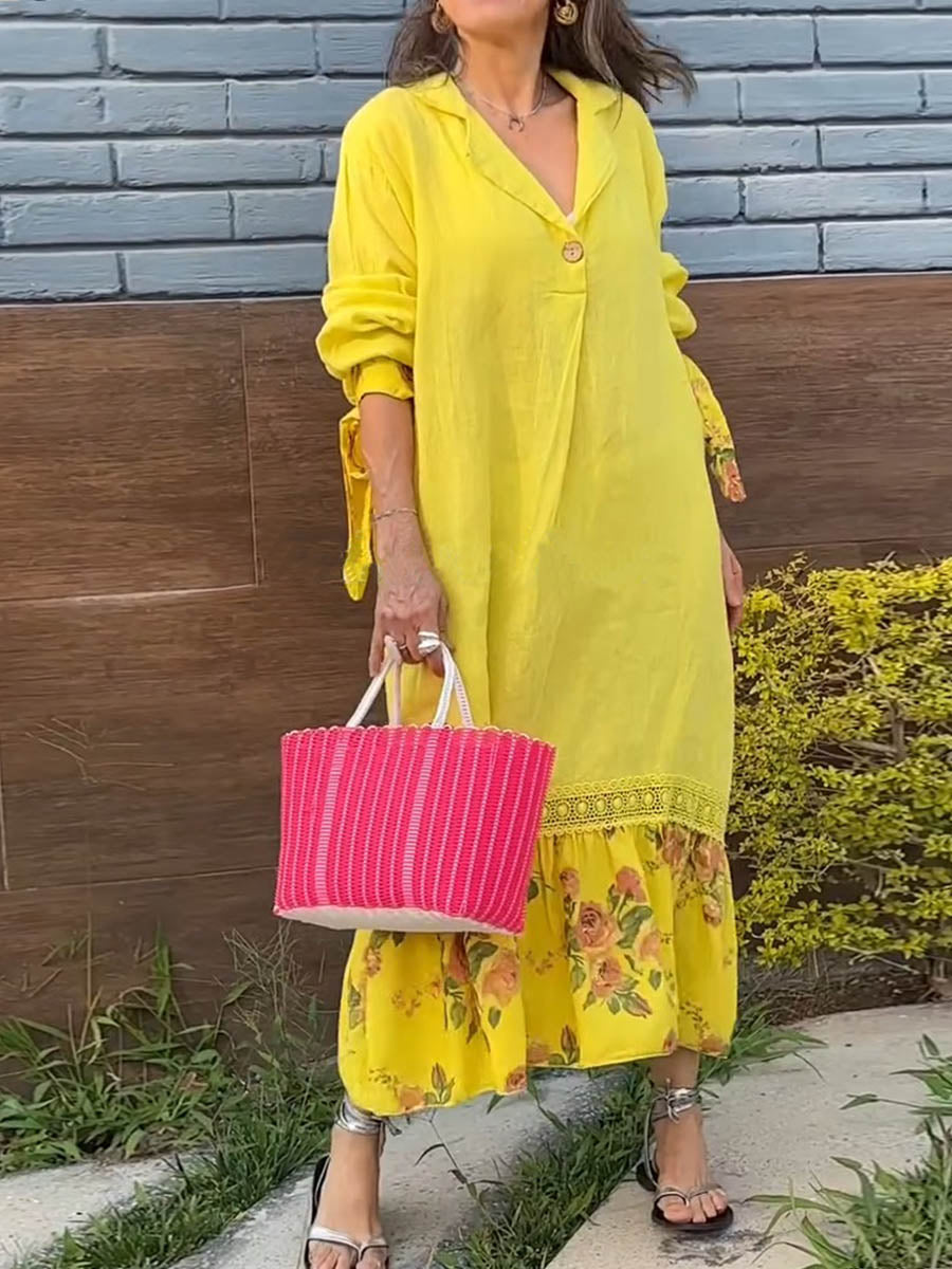 Women's Lapel Long Sleeve Tie Casual Cotton and Linen Vintage Printed Splicing Dress