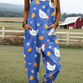 Women's Vintage Cute Chicken Art Pattern Print Casual 100% Cotton Jumpsuit