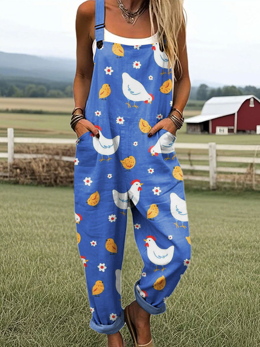 Women's Vintage Cute Chicken Art Pattern Print Casual 100% Cotton Jumpsuit