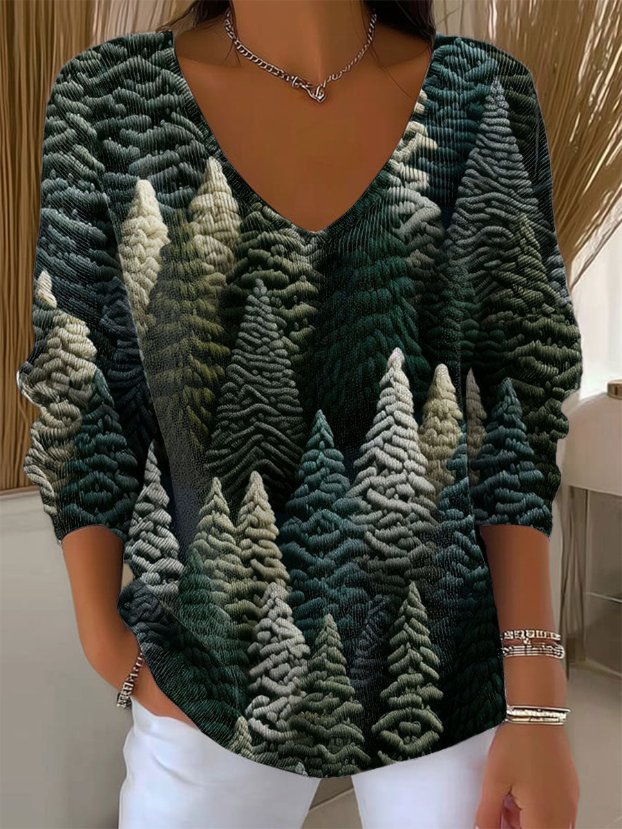 Women's Vintage Christmas Tree Art Print Casual Pullover Sweater