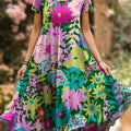 Women's Beautiful Colorful Large Flower Painting Art Print Sleeveless Cotton Pocket Dress