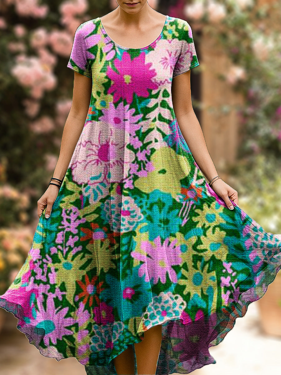 Women's Beautiful Colorful Large Flower Painting Art Print Sleeveless Cotton Pocket Dress