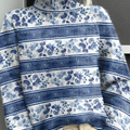 Blue Horizontal Striped Flowers Print Knit Turtleneck Pullover Sweater