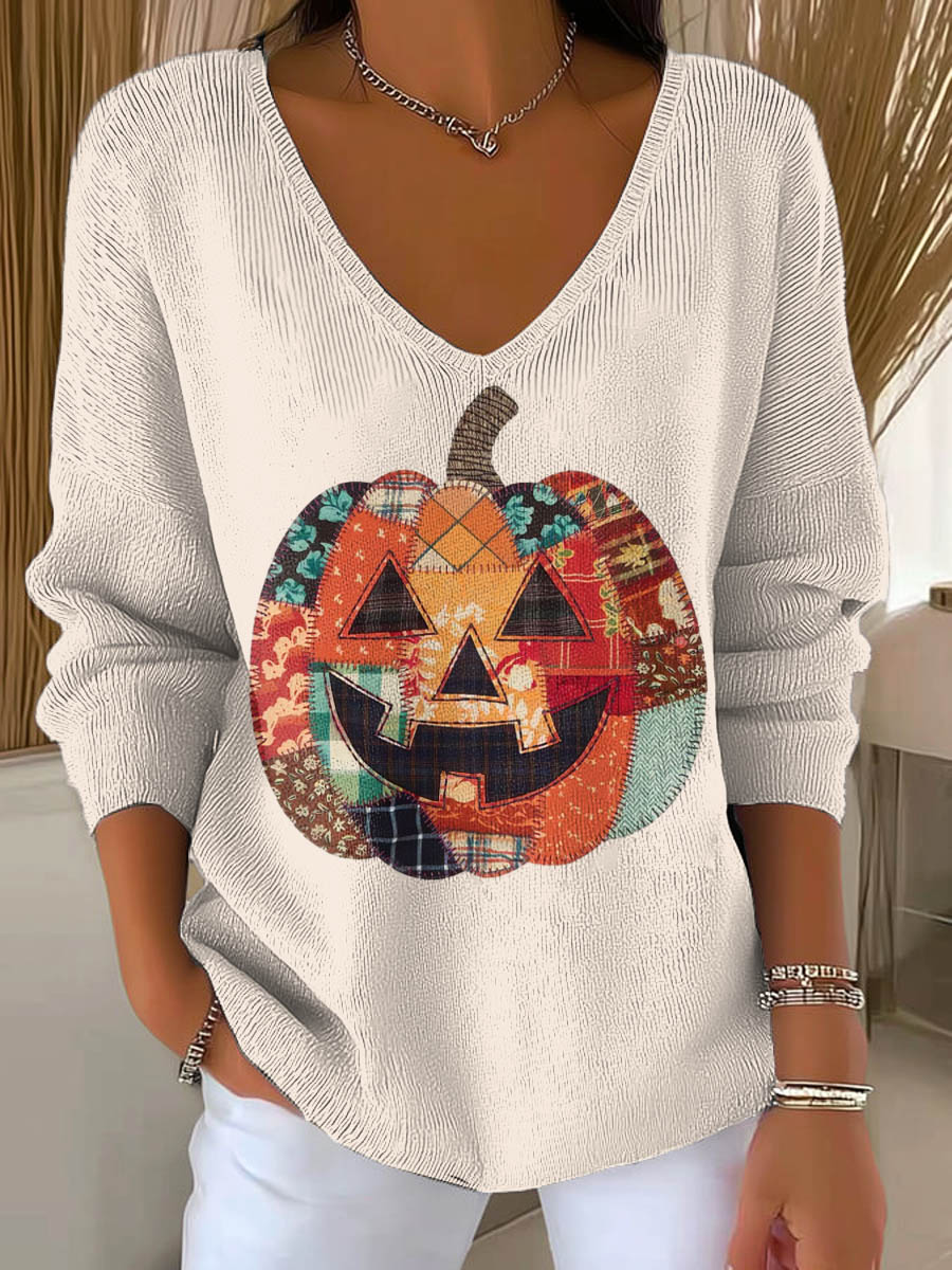 womens-funny-pumpkin-halloween-pattern-art-print-casual-pullover-sweater