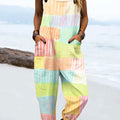 Women's Vintage Abstract Geometric Line Art Print Casual 100% Cotton Wide Leg Jumpsuit