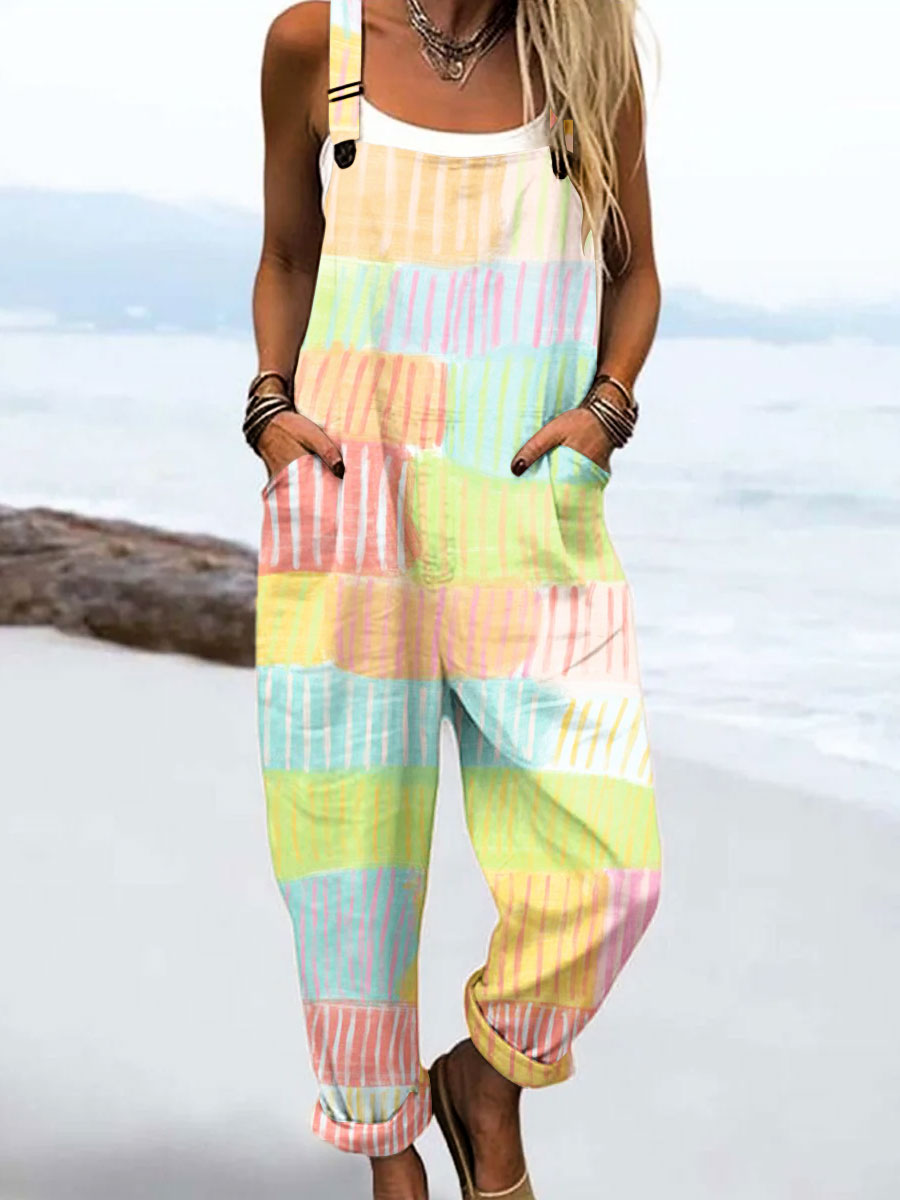 Women's Vintage Abstract Geometric Line Art Print Casual 100% Cotton Wide Leg Jumpsuit