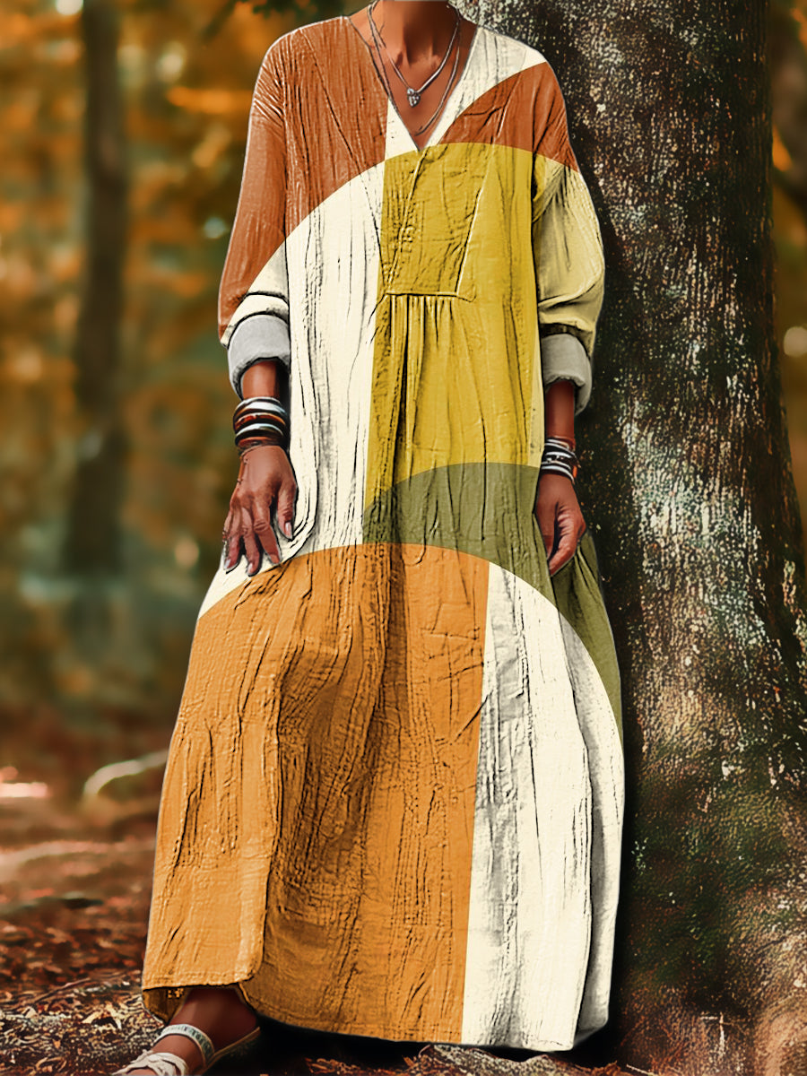Women's Vintage Abstract Geometric Color Block Painting Art Print Dress