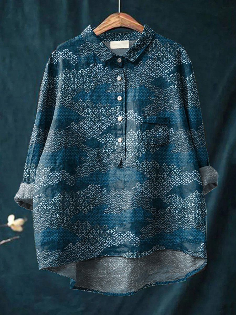 Japanese Style Vintage Pattern Printed Women's Casual Cotton And Linen Shirt