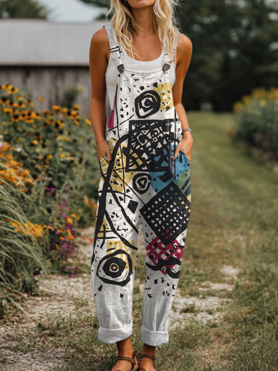Women's  Vintage Abstract Geometric Art Print Casual 100% Cotton Wide Leg Jumpsuit