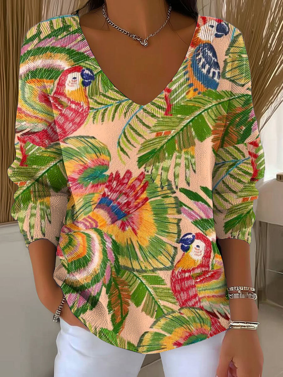 Women's Flowers And Plants Parrot Print Casual Pullover Sweater