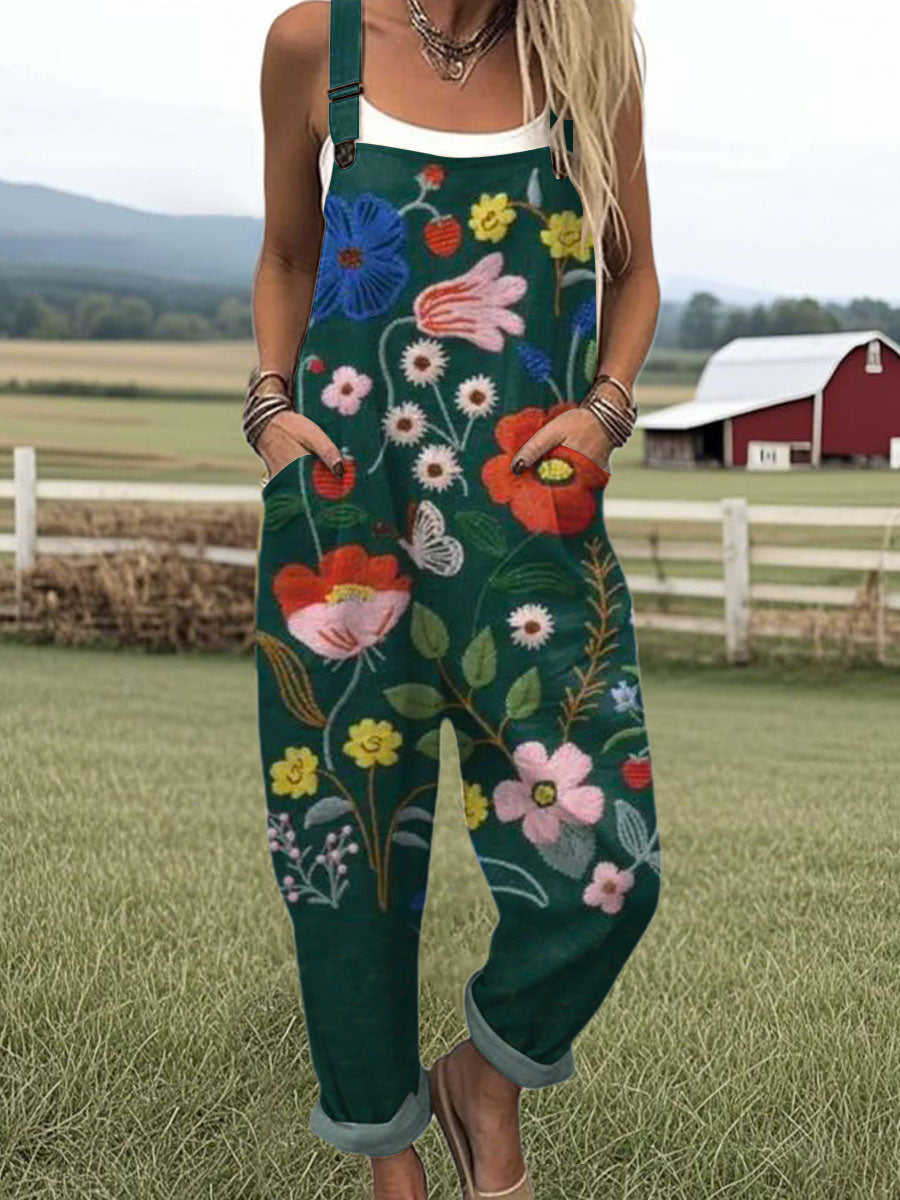 Women's  Vintage Flower Art Print Casual 100% Cotton Wide Leg Jumpsuit