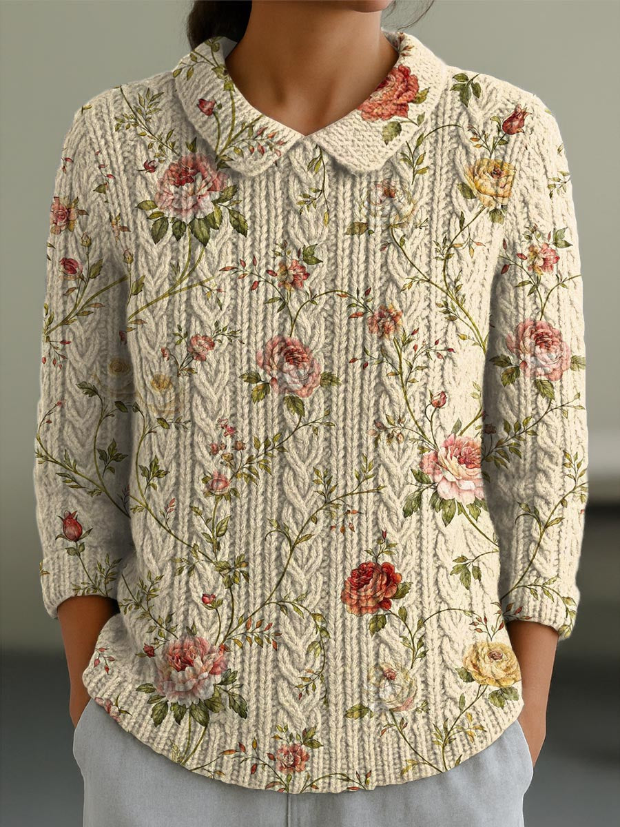 womens-vintage-floral-art-print-casual-peter-pan-collar-3-4-sleeve-sweater-ynxi