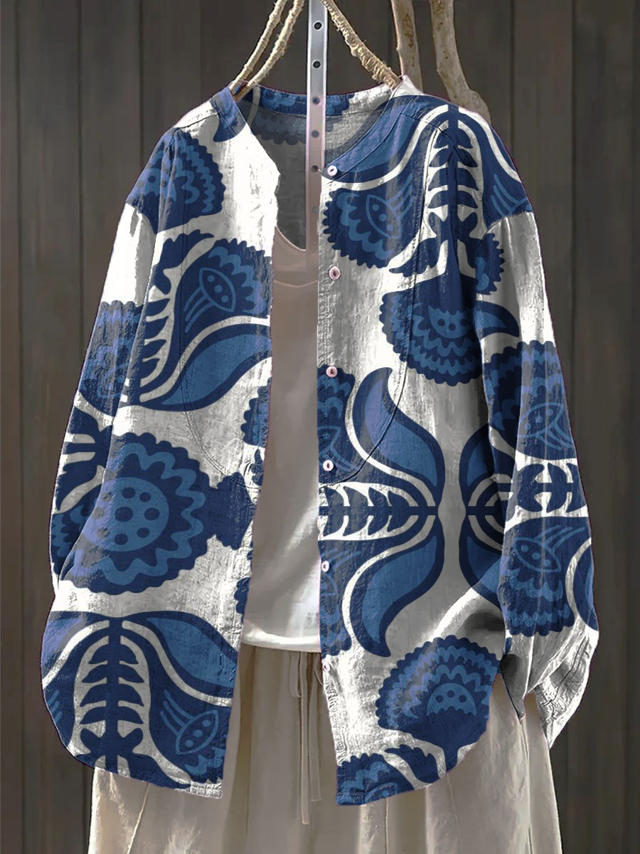 Women's Rule Totem Print Casual Cotton And Linen Ruffle Shirt