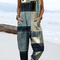 Women's Vintage Geometric Pattern Art Print Casual 100% Cotton Wide Leg Jumpsuit