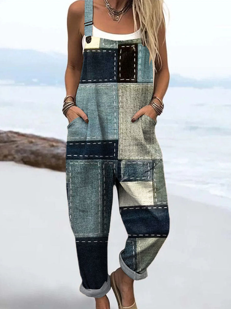 Women's Vintage Geometric Pattern Art Print Casual 100% Cotton Wide Leg Jumpsuit