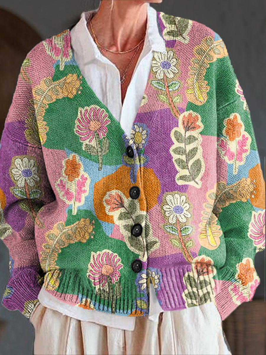 beautiful-multicolor-block-floral-painting-art-print-buttoned-v-neck-cardigan-sweater