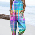Women's Abstract Line Pattern Art Print Casual 100% Cotton Wide Leg Jumpsuit