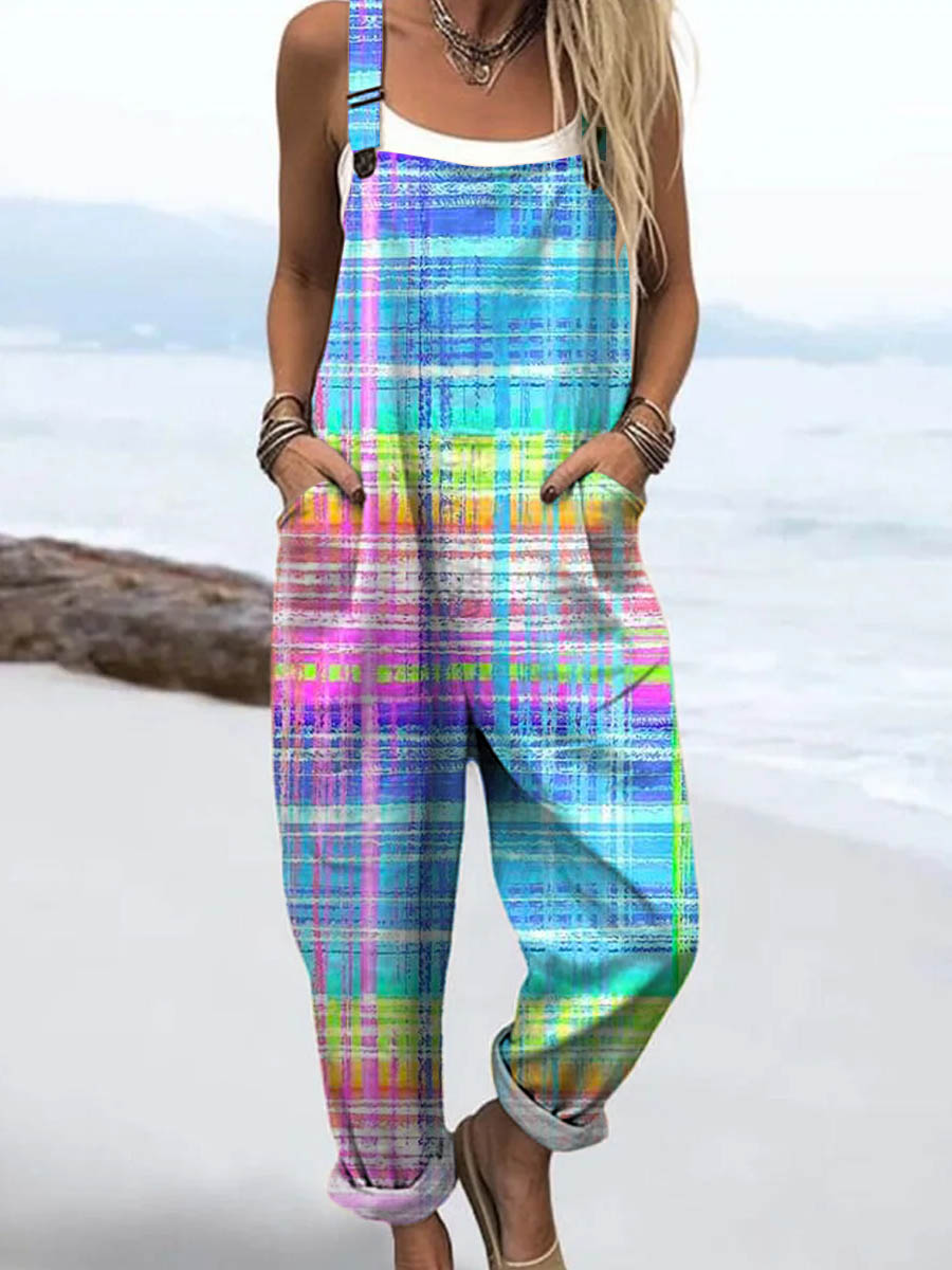 Women's Abstract Line Pattern Art Print Casual 100% Cotton Wide Leg Jumpsuit