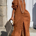 Women's Solid Color V-Neck Long Sleeve Casual Cotton and Linen Shirt Dress