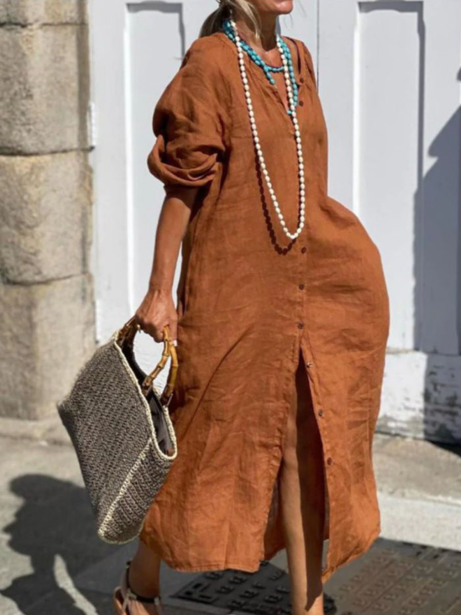 Women's Solid Color V-Neck Long Sleeve Casual Cotton and Linen Shirt Dress