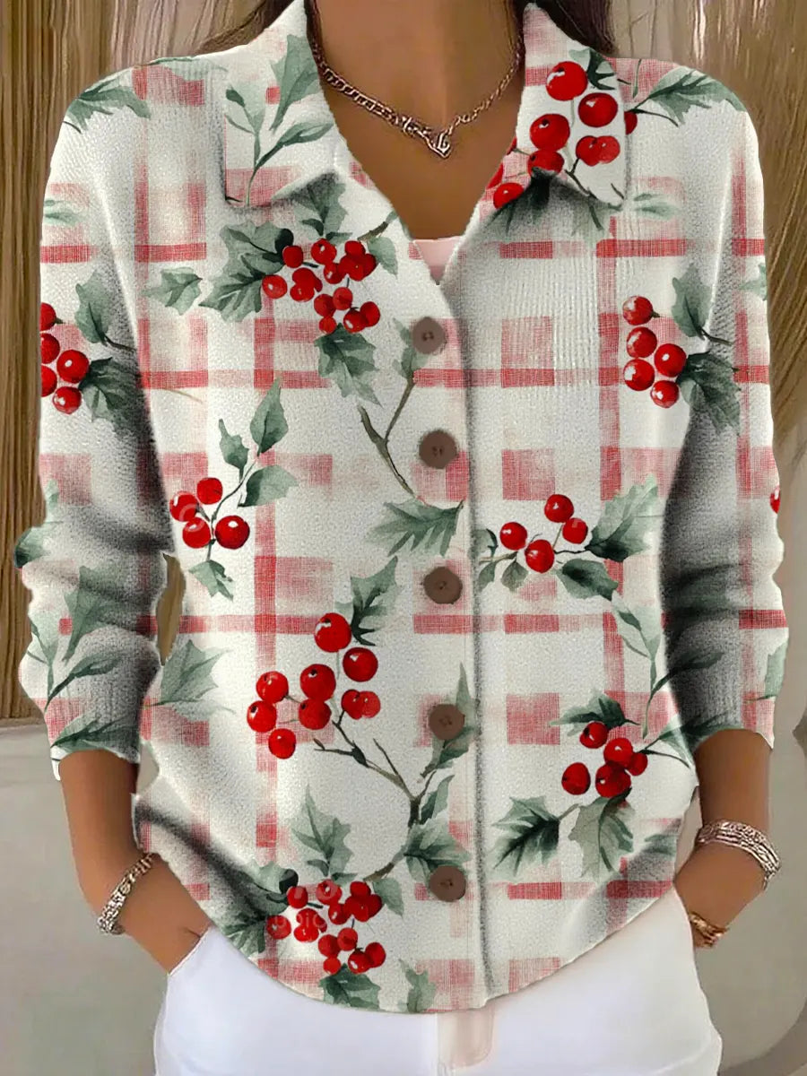 Women's Christmas Floral Art Print Casual Cardigan Sweater