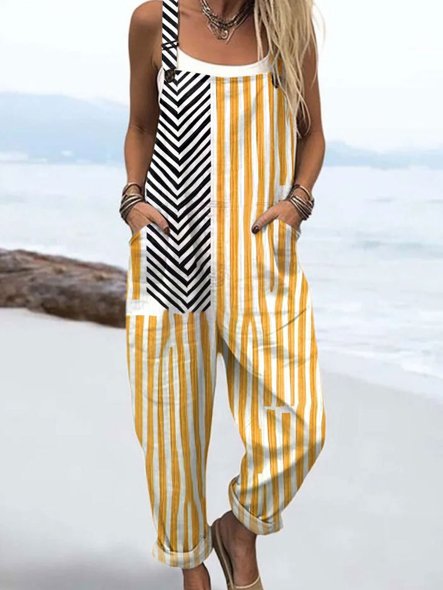 Women's  Vintage Abstract Geometric Art Print Casual 100% Cotton Wide Leg Jumpsuit