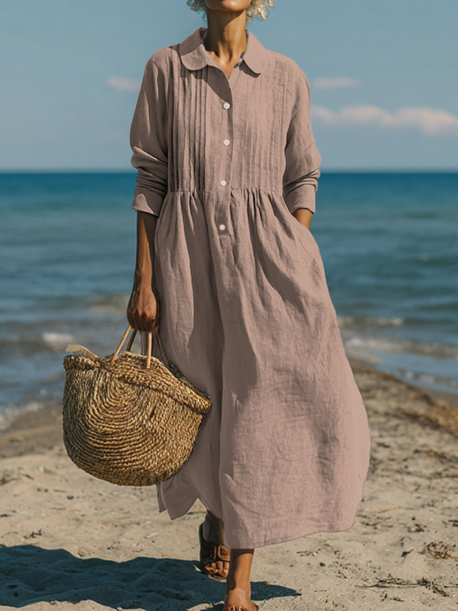 Women's Casual Linen Cotton Pleated Pocket Dress